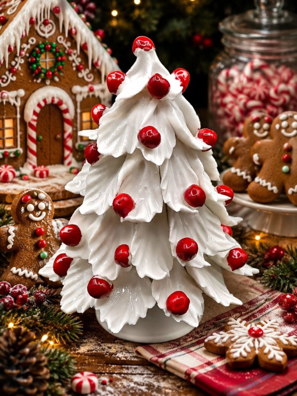 Rare Capodimonte 5" White Woodland Gingerbread Christmas Tree With Red Ornaments